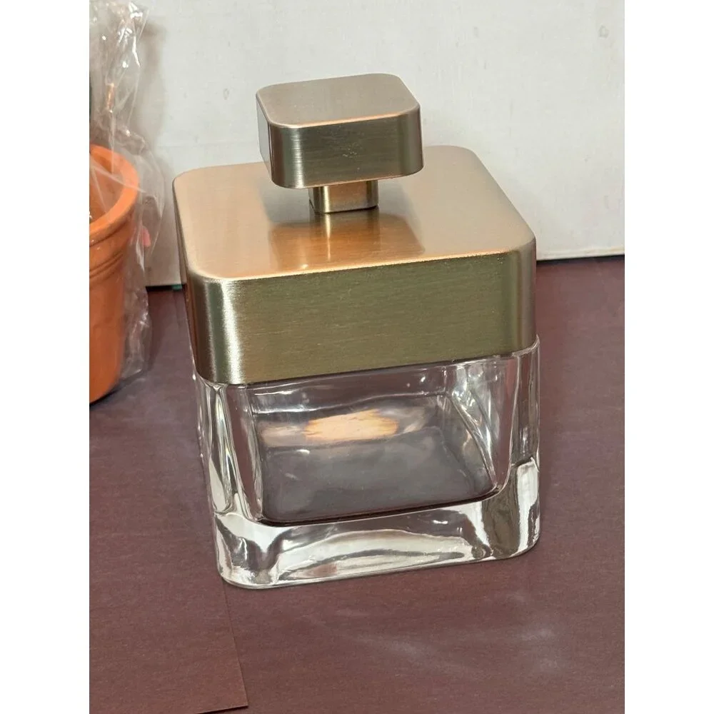 Square Thick Clear Glass Covered Storage Jar With Brushed Silver Lid